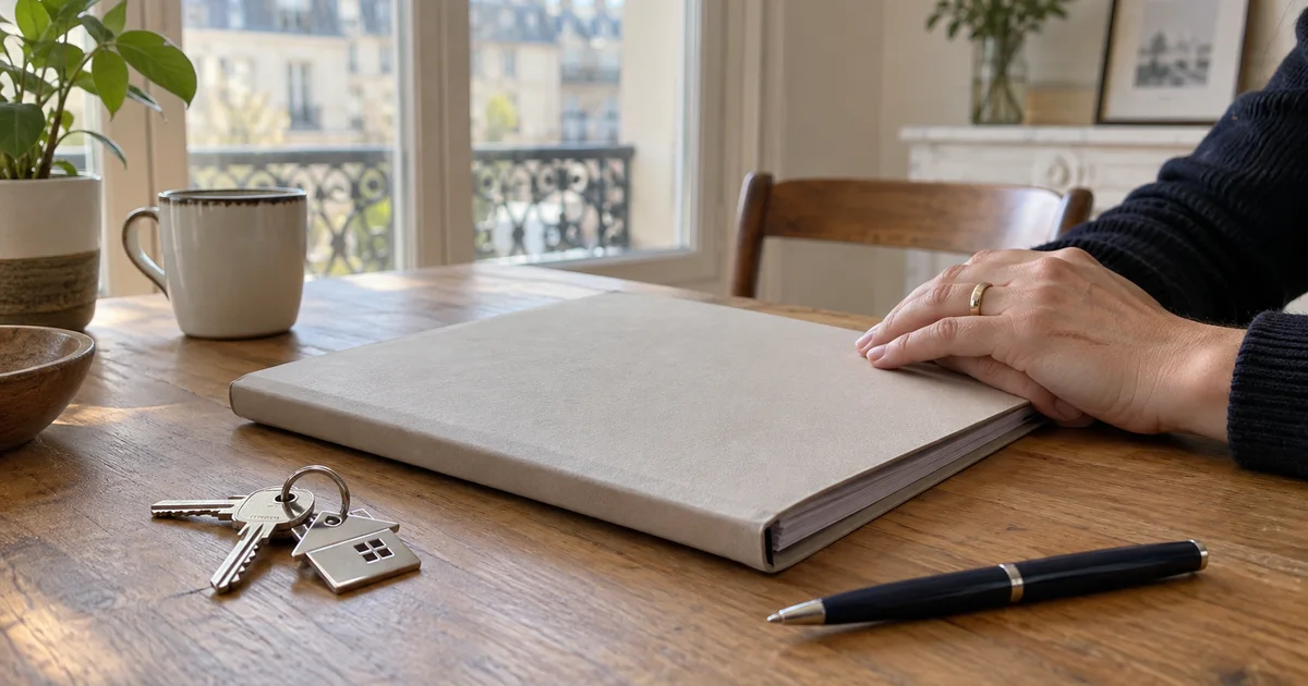 Dossier fermé, clés et stylo sur une table lumineuse, avec les mains d’une personne près du dossier.