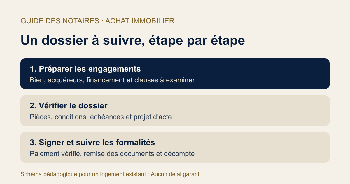 Schéma des étapes : préparer les engagements, vérifier le dossier, signer puis suivre les formalités.