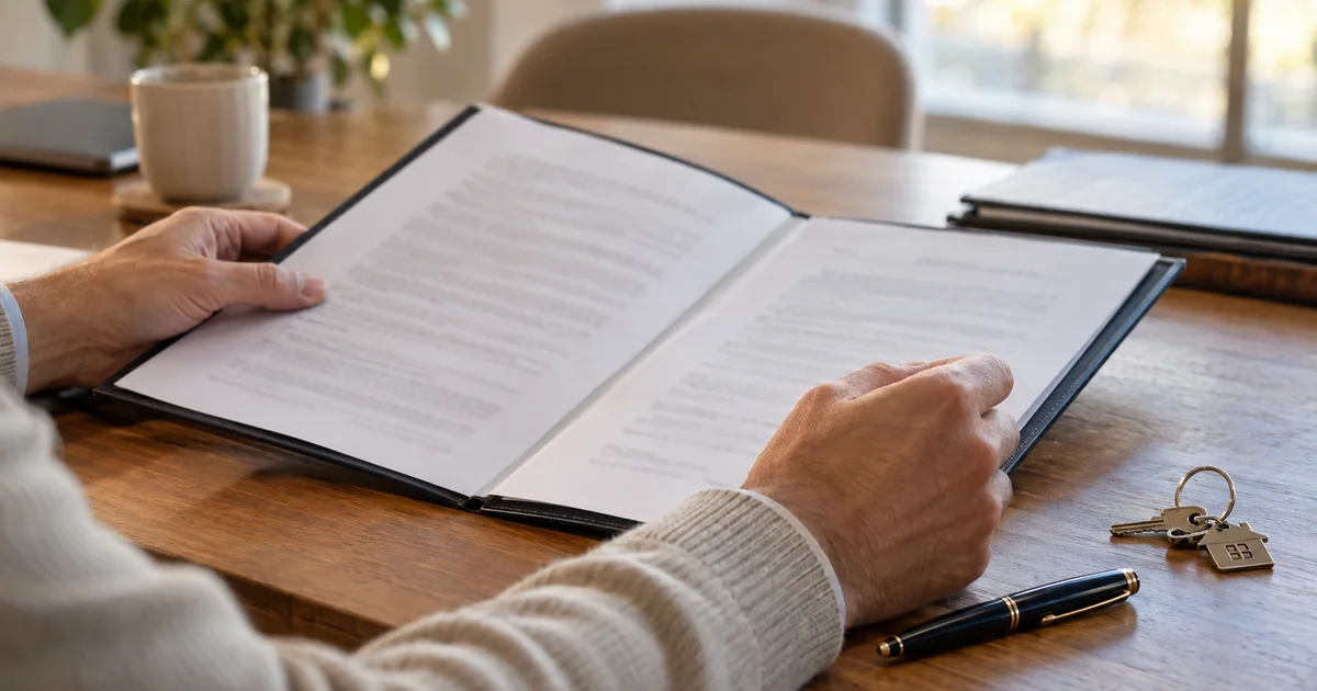 Mains tenant un dossier ouvert pour lire les documents, avec un stylo et des clés posés à côté.