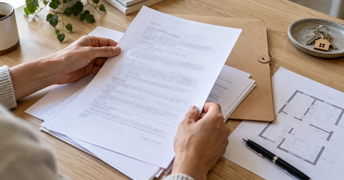 Mains triant des documents immobiliers près d’une chemise et d’un plan de logement sur un bureau.